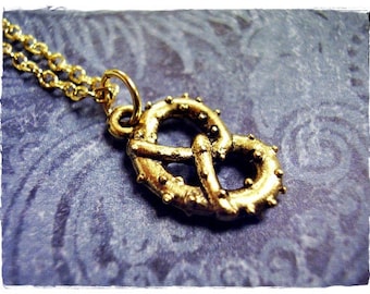 Gold Salted Pretzel Necklace - Antique Gold Pewter Pretzel Charm on a Delicate Gold Plated Cable Chain or Charm Only