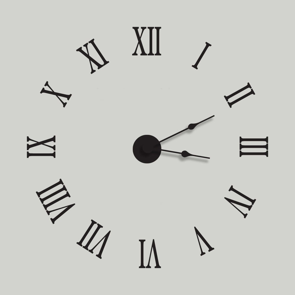 Large Wall Clock Vinyl Wall Decal Clock Kit with Extra Large Roman Numerals - Complete with