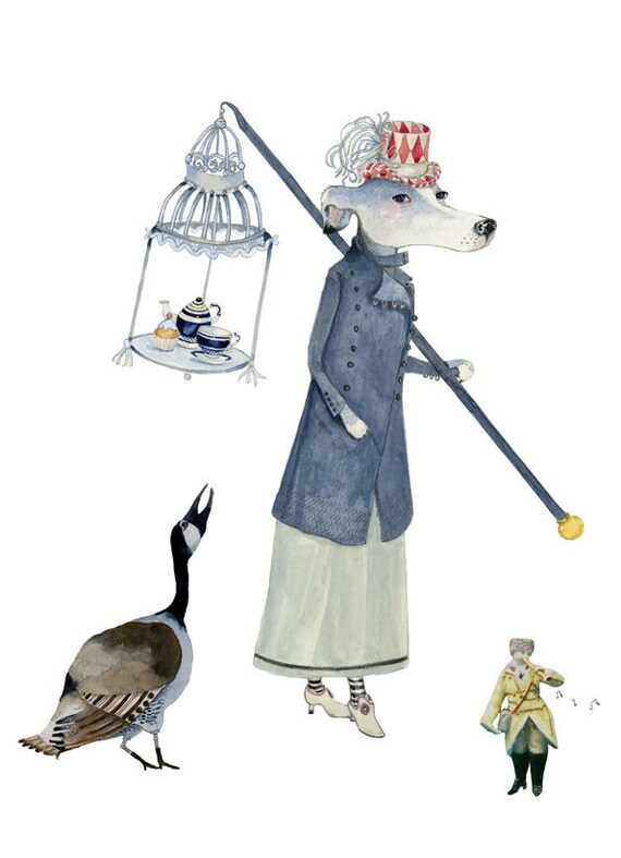 Print Dog and Goose Teatime parade illustration 8x11