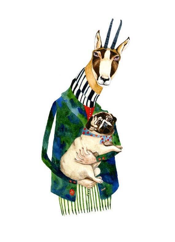 Print Deer with Pug Dog 11.7x16.5