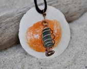 Teal Seaglass and Orange Sea Shell Pendant on Chocolate Brown Leather Necklace - Eco Friendly