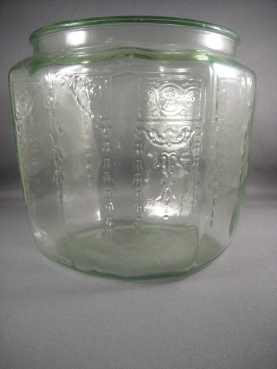 Green Depression Glass Princess Pattern Cookie Jar No Lid