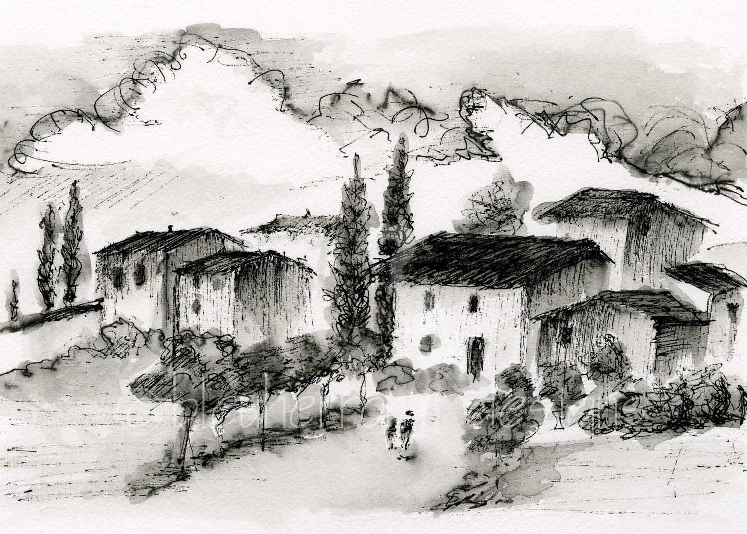 italian landscape Ink Wash Village ink drawing art print