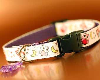 Cat Collar - Owls Pattern and Fish Charm