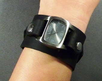 Black Leather Watch, Leather Watch Cuff, Mens Watch, Womens Watch, Bracelet Watch, Leather Wrist Watch, Friendship Gift, Gift for Women
