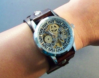 Leather Watch-Steampunk Watch-Mechanical Watch-Men Watch-Women Watch-Skeleton Watch-Gift for Men-Gift for Her-Gifts-Wrist Watch-Watches