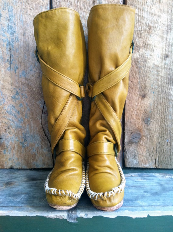 Items similar to Yellow Moccasin Boot Leather Wedge on Etsy
