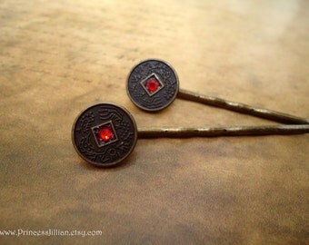 Cabochon hair slides - Lucky Chinese coin accented with red rhinestone traditional oriental asian feng shui hair accessories TREASURY ITEM