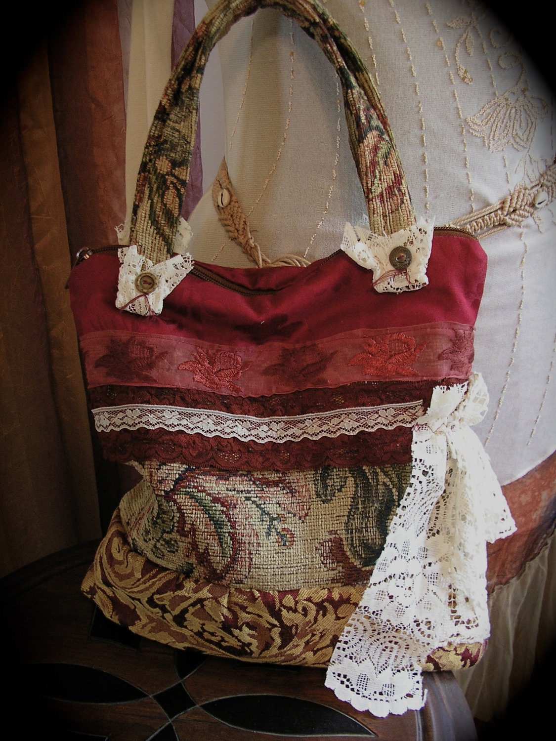 Small Bohemian Handbag earthy red hues textured fabric lace