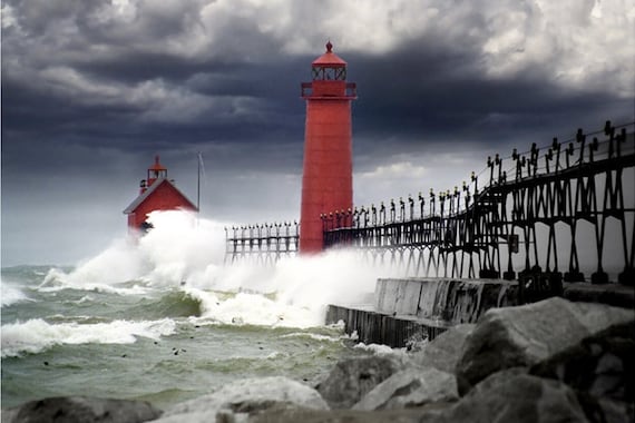 Rain Storm with High Wind at the Lighthouse Pier Head on Lake Michigan in Grand Haven Michigan No.84320pm - A Fine Art Photograph