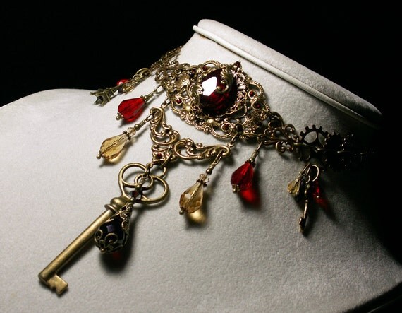 Blood Red Crystal Victorian Choker Skeleton Key Drop Steampunk Necklace Antiqued Brass Filigree Titanic Temptations Edwardian Bridal 12019