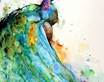 PEACOCK Watercolor Print, Bird Art by Dean Crouser