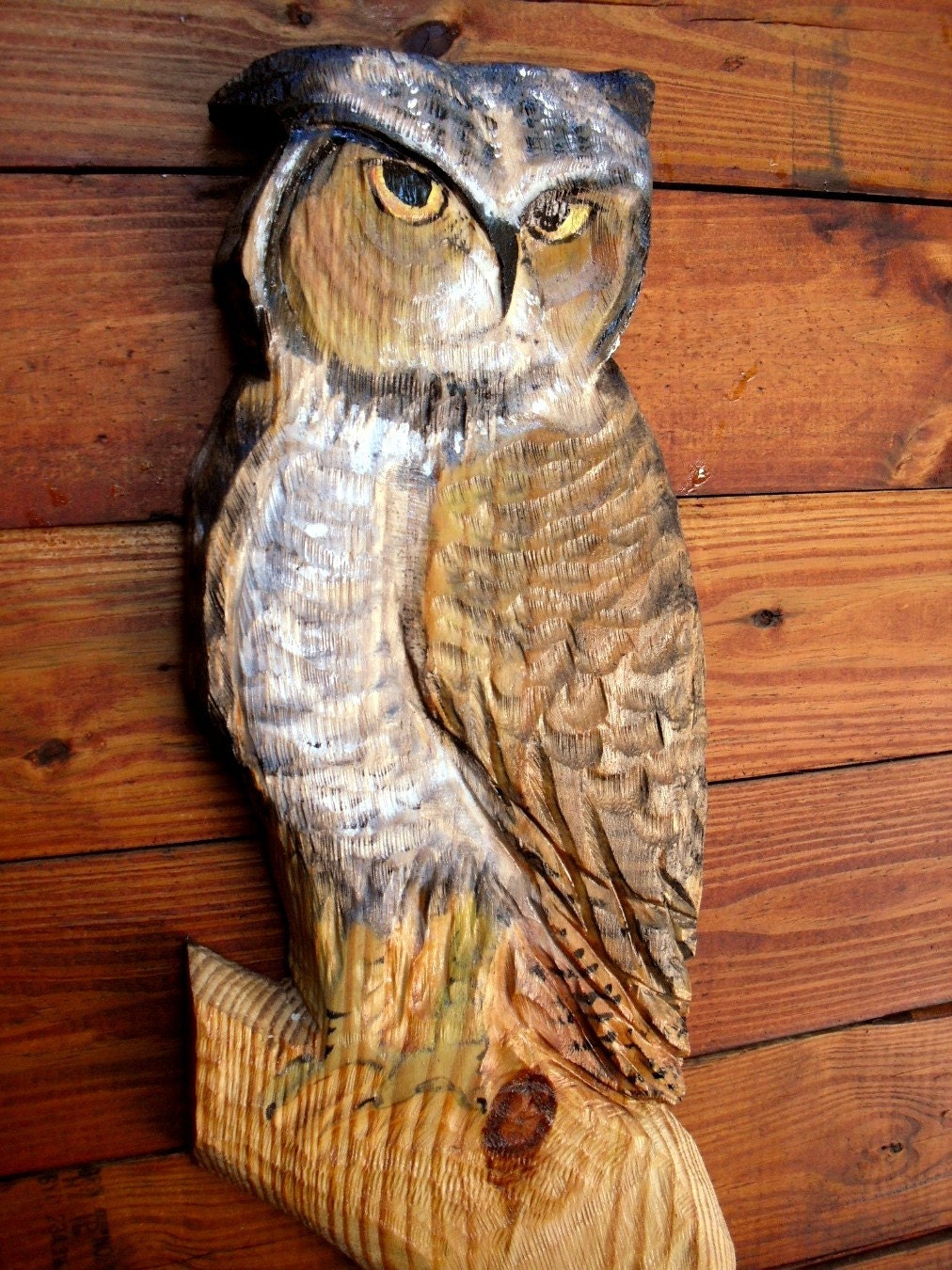 3 Great Horned Owls in Tree 60 chainsaw carving owl by oceanarts10