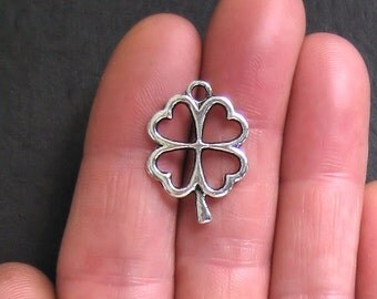 6 Four Leaf Clover Charms Antique Silver Tone - SC476