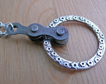 recycled bicycle chain metal circle Reversible Cycling Pendant bike jewelry