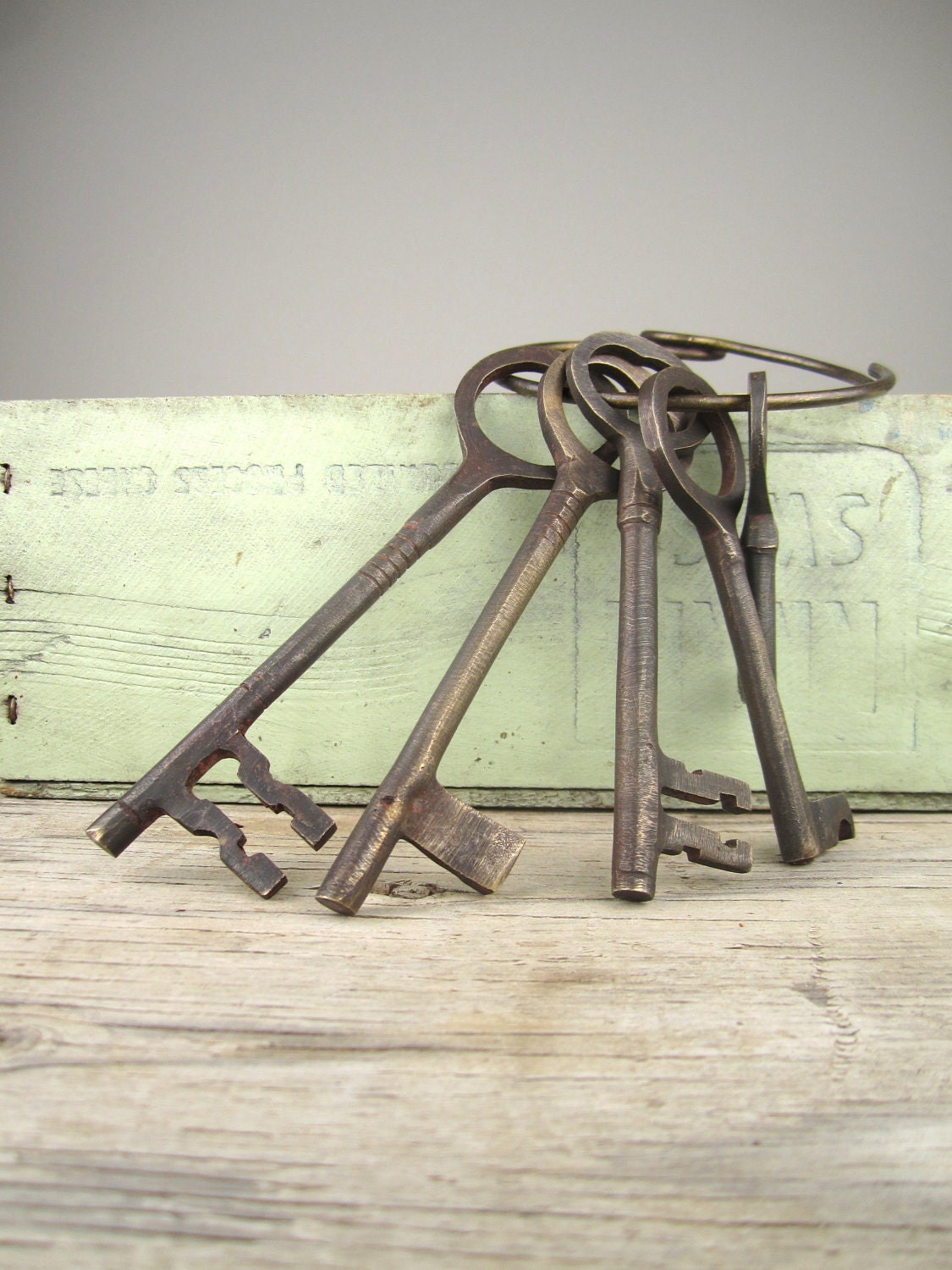 Large Cast Iron Metal Set of Skeleton Keys on Ring