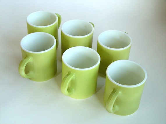 Milk Glass Coffee Cups Enameled Green Lime Slush Set of 6