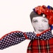 Urban fall ooak Beaded Lady Doll Wearing tartan plaid dress and dotted blue scarf , Blooming in red Beads , Buttons - handmade cloth doll