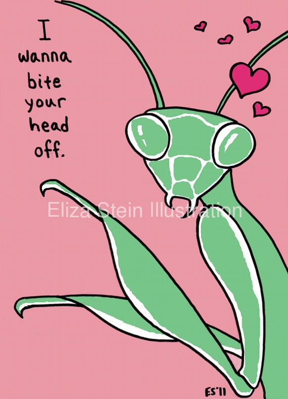Praying Mantis Valentine Card, Funny, Insect, Weird, Unique, Offbeat for Valentines Day, Blank, 5x7 Greeting Card