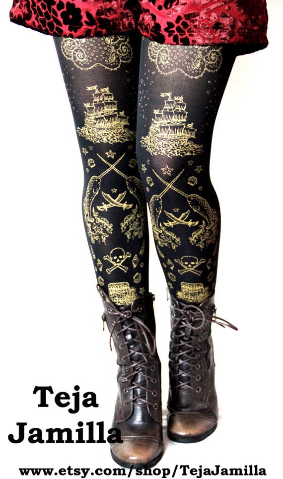 Pirate Tights Narwhals Octopus Tattoo Small Medium Gold on Black Nautical Tattoo Sailor Lolita Steampunk by TejaJamilla steampunk buy now online