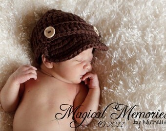 The Oliver Newsboy Cap/Visor Beanie/Baby Newsboy Hat in Chocolate Brown Available in Newborn to 24 Months Size- MADE TO ORDER