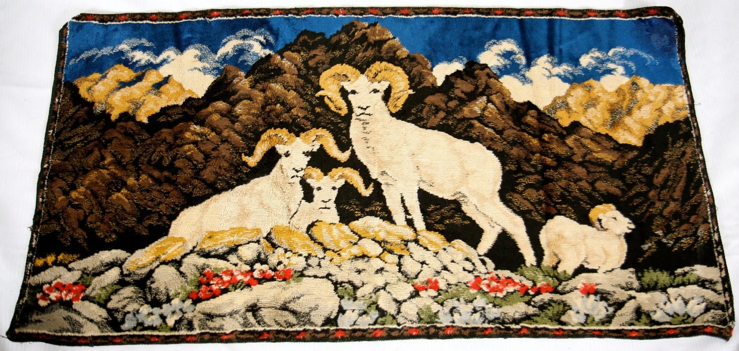 Wall Hanging Tapestry Mountain Goat Big Horn Sheep Velvet 70s