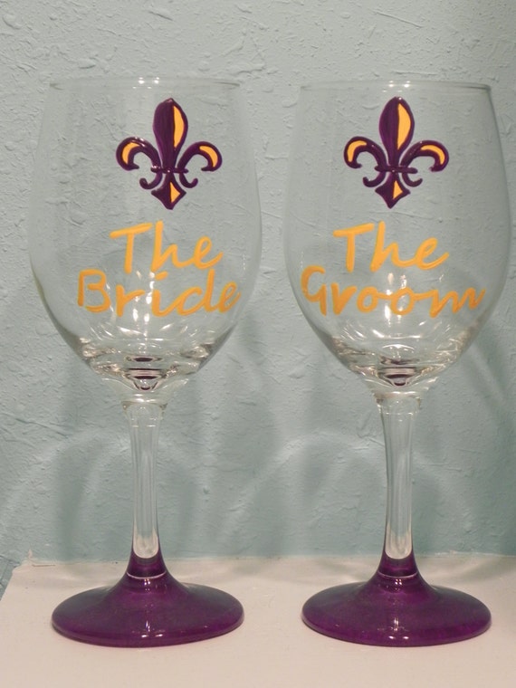 LSU Purple and Gold Bride and Groom Wine Glasses Football wedding Baton Rouge Wedding Louisiana Sports Fans