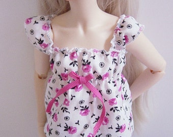 White with Pink & Black Rose Print MNF/Minifee/Unoa/Slim MSD Top with Ruffled Sleeves