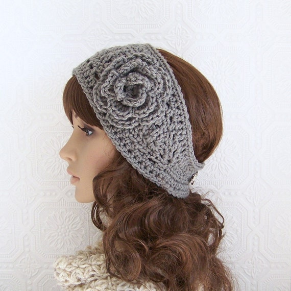 Crochet headband, boho head wrap, ear warmer medium gray - womens ...