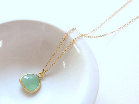 Green Tea - Light Green Glass Stone Necklace On Gold Filled Chain - Bezel Stone Necklace - Simple Sweet everyday Jewelry