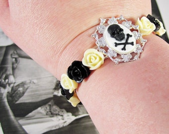 Skull Cameo Cuff Bracelet with Ivory and Black Lucite Roses