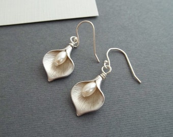 Calla Lily Earrings Garnet Pearl Flower Earrings Sterling