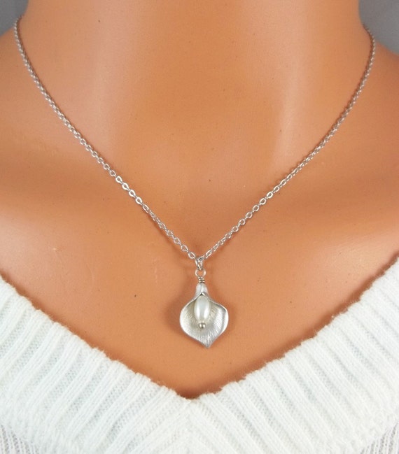 Calla Lily Pearl Necklace Silver Bridal Necklace, Flower Charm