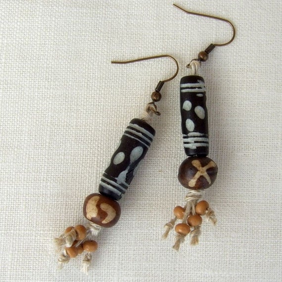 Black and brown bone and natural hemp knotted twine and wood Earrings.