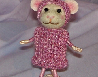 Needle Felted Mouse in Pink Crochet Sweater Dress - FREE SHIPPING to US and Canada