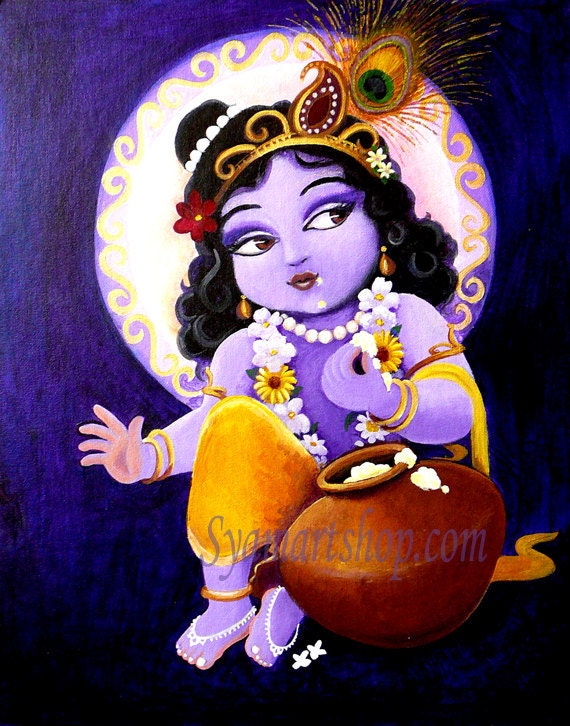 Krishna painting baby Krsna butter thief purple mauves nursery