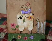 Primitive sheep and Bunny - Spring - Hand Painted on Canvas Panel - Easter - OFG