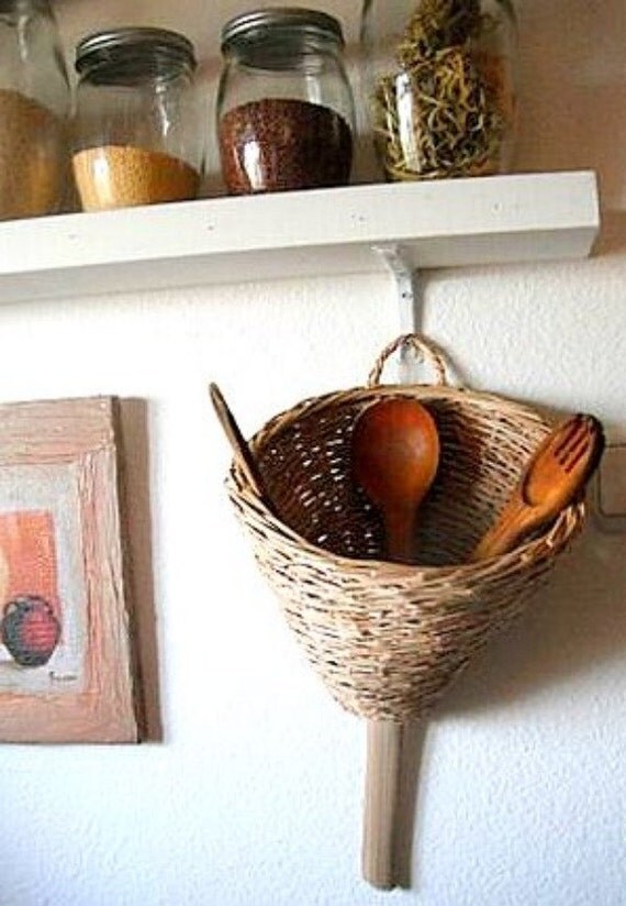 Hand Woven Wicker Hanging Utensils Basket Home Decor Wall