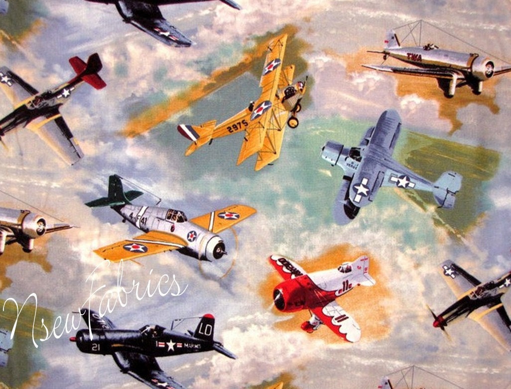 Vintage Air Plane Airplane Cotton Fabric WWII Fighter Jet