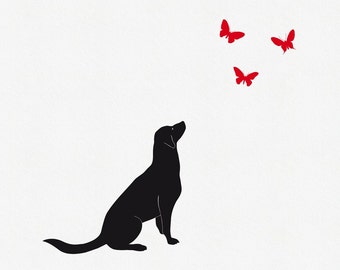 Dog Wall Decal and 3 Butterflies Black Removable Dog Decal Gift for Pet Lovers Children Wall Decal Nursery Dog Decor Baby Boy Decal