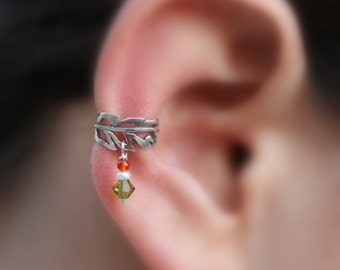 Sterling Silver Ear Cuff - Feather - Pearl-Carnelian-Swarovsky Crystal Ear Cuff - Conch Cuff