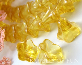 Glass Beads : 20 Golden Yellow Glass Flower Beads | Flower Bell Beads | Morning Glory Flower Beads ... 12mm x 10mm