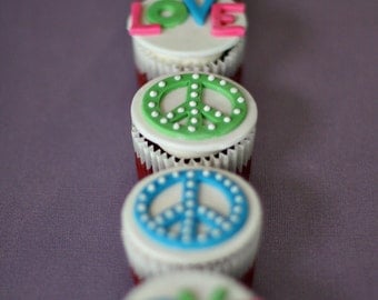 Peace Sign and Love Fondant Toppers for Decorating Groovy Cupcakes, Cookies or other Treats