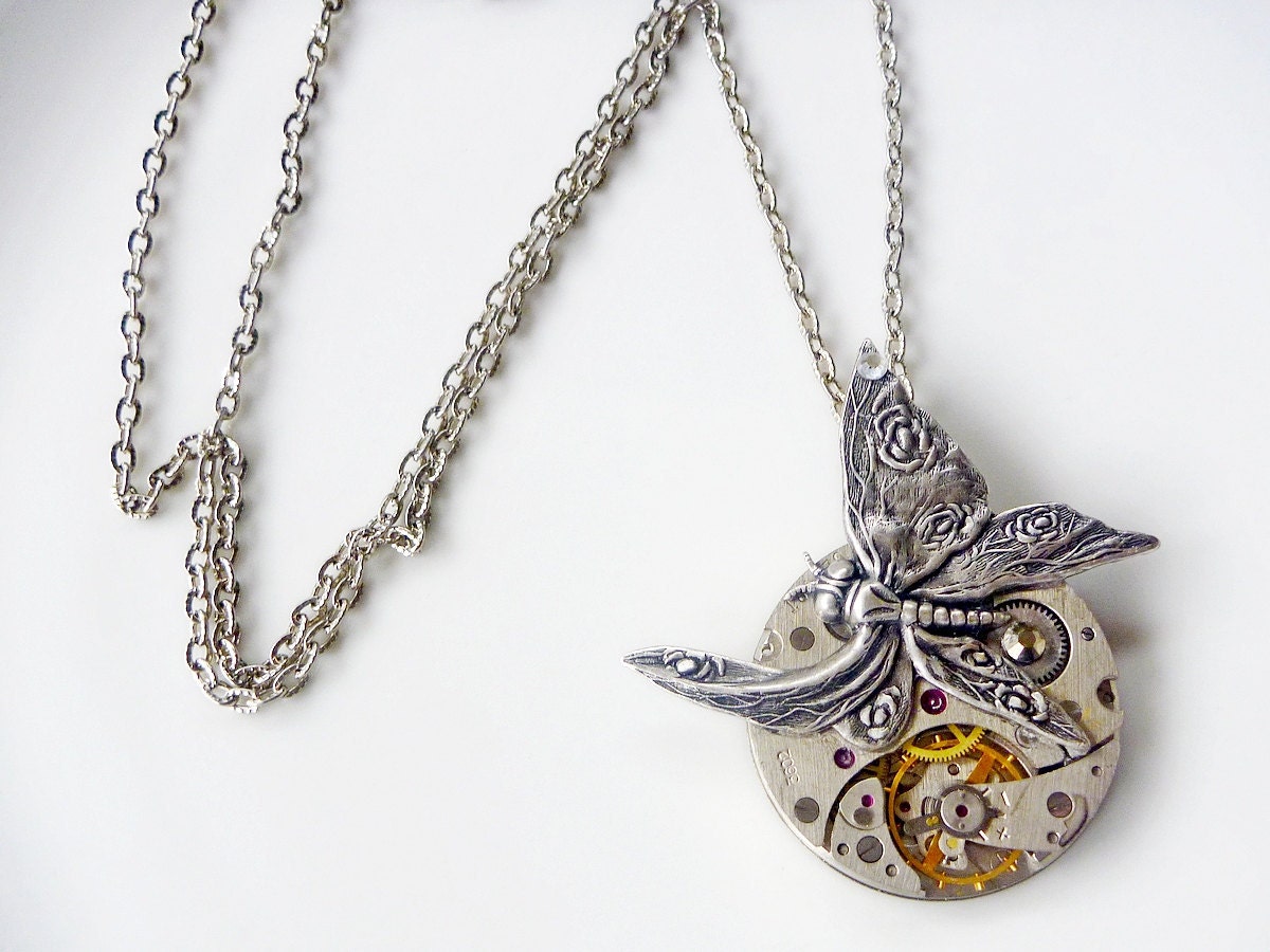 Steampunk Necklace, Vintage Pocket Watch with Butterfly and crystals