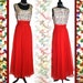 Vintage 1950s Gown Red Beaded Chiffon Designer Evening Formal Cocktail Garden Party Hollywood Mad Man Rockabilly Pinup