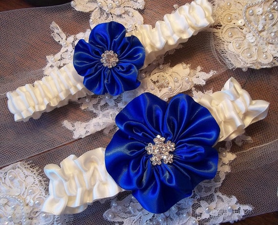 Wedding Garter Set / Royal Blue Wedding Garter / Ivory Bridal
