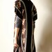 70s Boho Hippie Poncho - vintage intarsia knit Bird motif, bohemian earth tones brown & pumpkin, fringed long sweater vest - fall layering