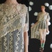 vtg 70s Taupe Sheer CROCHET Angel Sleeve DRESS pleated L/Xl hippie festival wedding