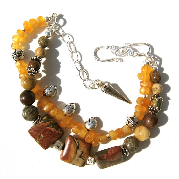 Beaded Bohemian Bracelet Amber and Jasper Silver Bracelet