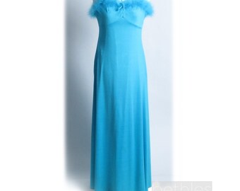 1970s Dress Blue Dress Teal Dress Blue Gown with Marabou Neckline Vintage 70s Blue Maxi Dress Sleeveless Dress